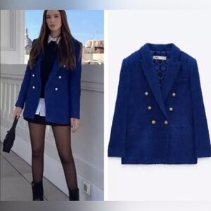 Zara women’s textured double breasted royal blue fitted tailored blazer size XL